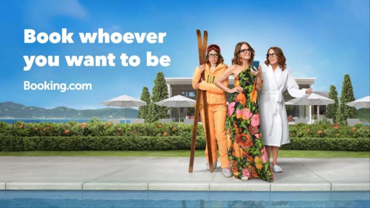 Tina Fey as three different characters of herself with the message "Book whoever you want to be. Booking.com"